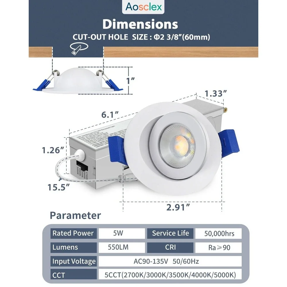 Aosclex 3 Inch LED Recessed Lighting 12 Pack 360 Adjustable Gimbal 5CCT Dimmable
